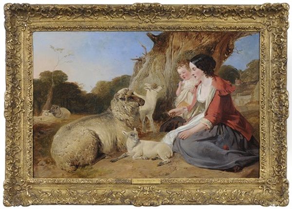 Shepherdess And Child Feeding Sheep Oil Painting by Richard Ansdell