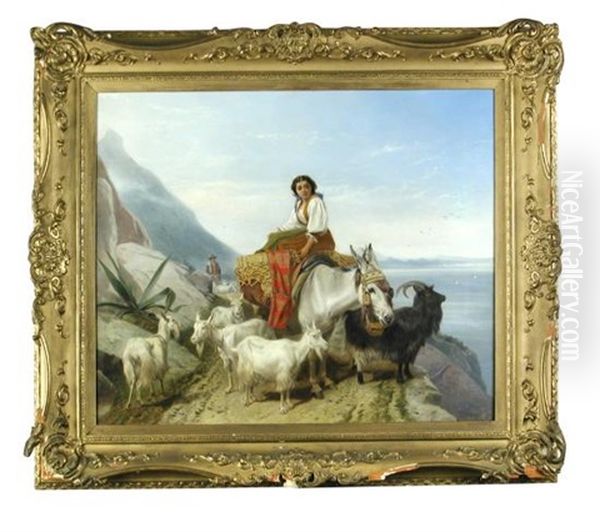 A Spanish Coastal Scene, With A Peasant Girl Upon A Donkey With A Goatherd Beyond Oil Painting by Richard Ansdell