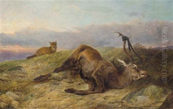 Dead Stag With A Fox In A Field Oil Painting by Richard Ansdell