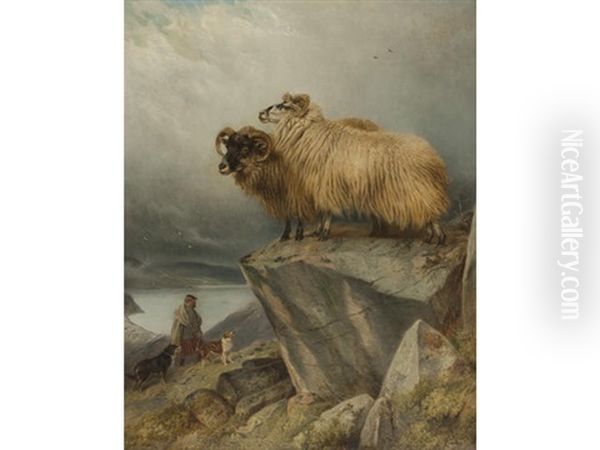 Sheep On A Crag With Ghillie And Dogs Below Oil Painting by Richard Ansdell