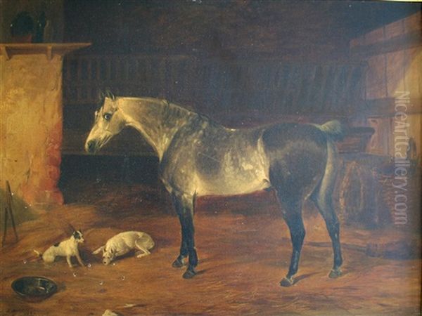 A Dappled Grey With Two Terriers In A Stable Oil Painting by Richard Ansdell