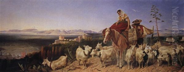 Spanische Hirten Mit Ziegen Und Pferd Uber Der Stadt Granada, Das Vegagebirge Im Hintergrund Oil Painting by Richard Ansdell