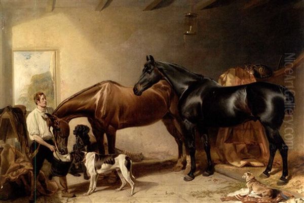 Mr. Neilsons's Hunters At Hindhill, Pontefract Oil Painting by Richard Ansdell