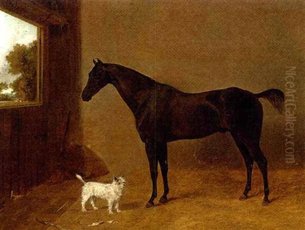 A Black Horse And Terrier In A Stable Oil Painting by Richard Ansdell