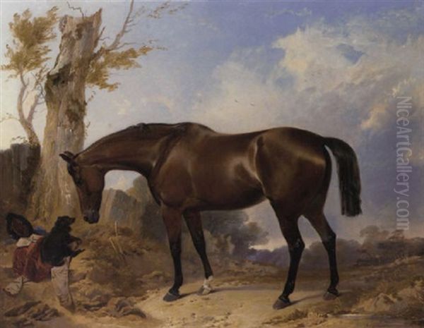 A Bay Hunter And A Dog In A Landscape Oil Painting by Richard Ansdell