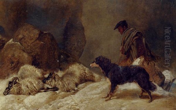 Lost: A Shepherd With A Dog And Sheep In A Snowy Landscape Oil Painting by Richard Ansdell