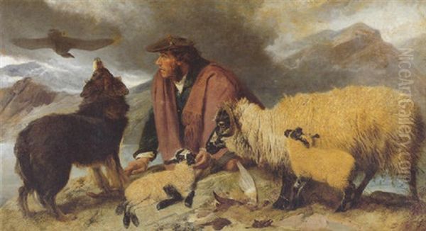 Highland Spate - Sheep Being Rescued From The Rocks Oil Painting by Richard Ansdell