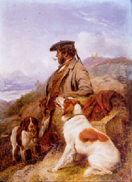 A Ghillie, A Llelwyn Setter And A Liver And White Pointer On A Hill Oil Painting by Richard Ansdell