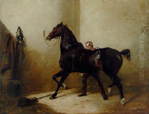 A Groom Rubbing Down A Horse In A Stable Oil Painting by Richard Ansdell