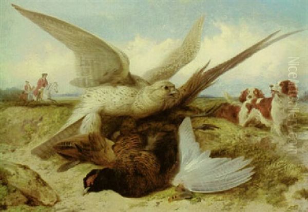 A Hawk Attacking A Pheasant, With Huntsmen And Spaniels Beyond Oil Painting by Richard Ansdell