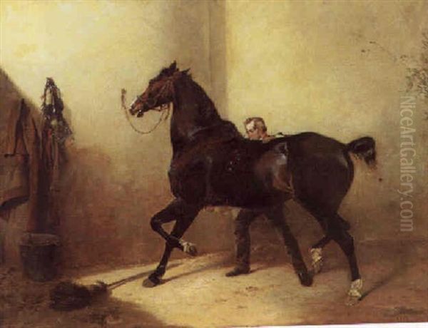 A Groom Rubbing Down A Horse In A Stable Oil Painting by Richard Ansdell