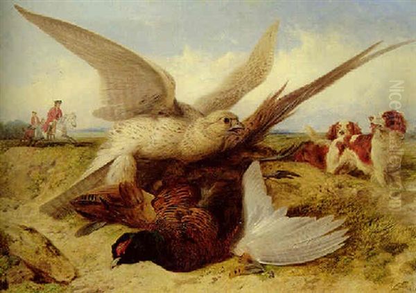 A Hawk Attacking A Pheasant, With Huntsmen And Spaniels Beyond Oil Painting by Richard Ansdell