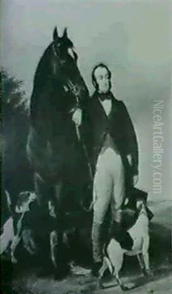 A Gentleman Standing With His Bay Hunter And Hounds, In An  Open Landscape Oil Painting by Richard Ansdell