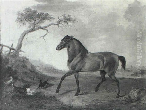 Portrait Of A Stallion And Three Dogs In An Open Landscape Oil Painting by Richard Ansdell