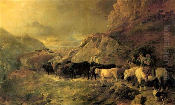 An Extensive Highland Landscape, With Cattle And Drovers On A Mountain Pass Oil Painting by Richard Ansdell