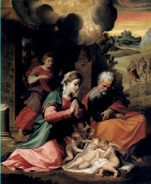 The Nativity And The Annunciation To The Shepherds Beyond Oil Painting by Michelangelo Anselmi