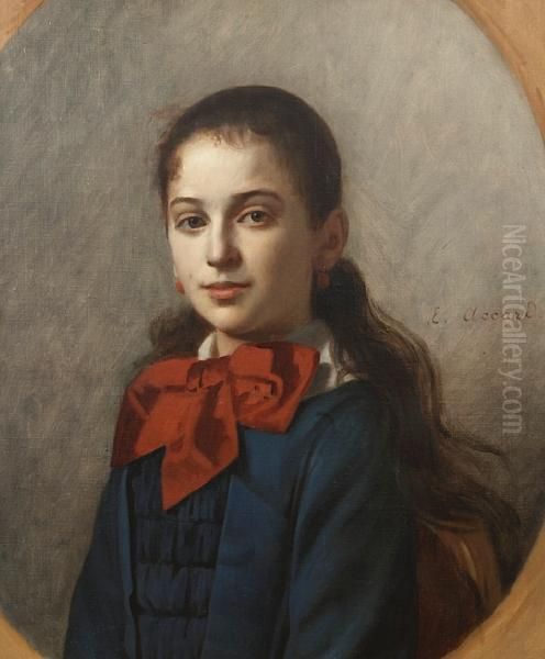 A Portrait Of A Young Lady Wearing A Red Bow; Together With Two Other Portraits (a Group Of Three) Oil Painting by Eugene Accard