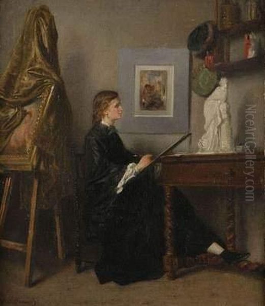 Jeune Femme Peintre Dans Son Atelier Oil Painting by Eugene Accard