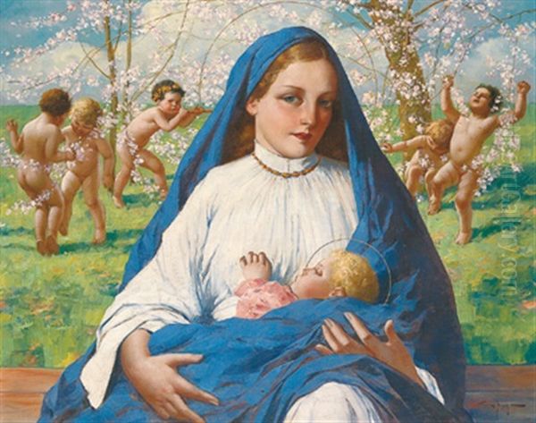 Madonna Mit Kind Unter Bluhenden Zweigen Oil Painting by Eduard Ansen-Hofmann