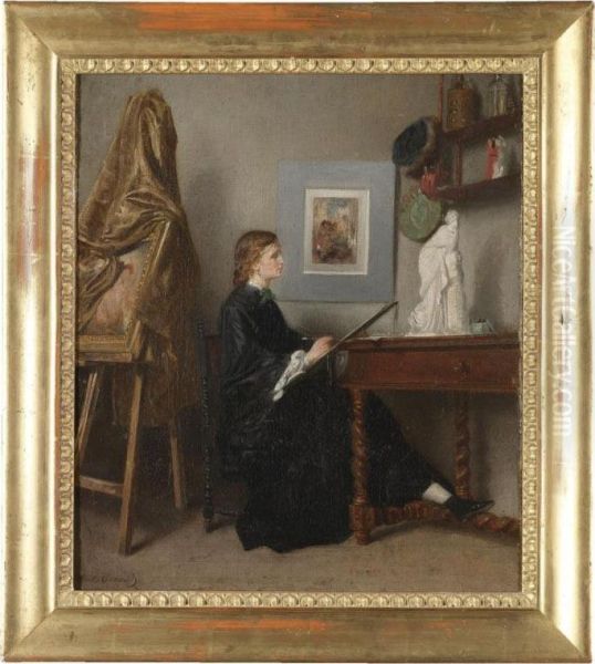 A Female Artist At Work In Her Studio Oil Painting by Eugene Accard