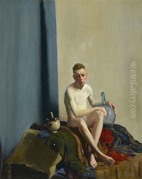 Portrait Of A Seated Nude Male Figure Oil Painting by Thomas Anshutz