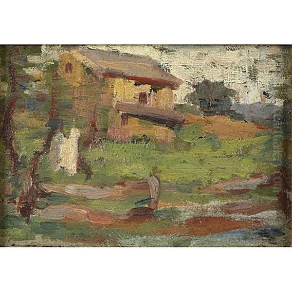 Untitled (yellow House With Poplar Trees)(+ 2 Others; 3 Works) Oil Painting by Thomas Anshutz