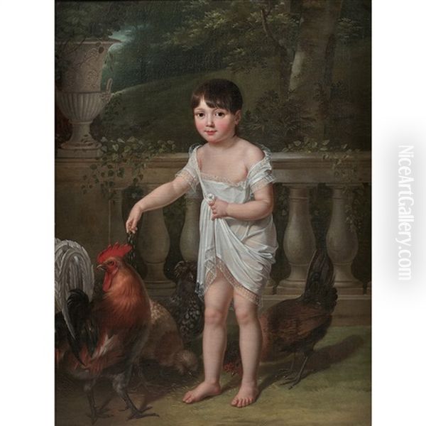 Jeune Enfant Nourrissant Une Poule Et Un Coq Sur Une Terrasse Oil Painting by Antoine Jean Joseph Ansiaux