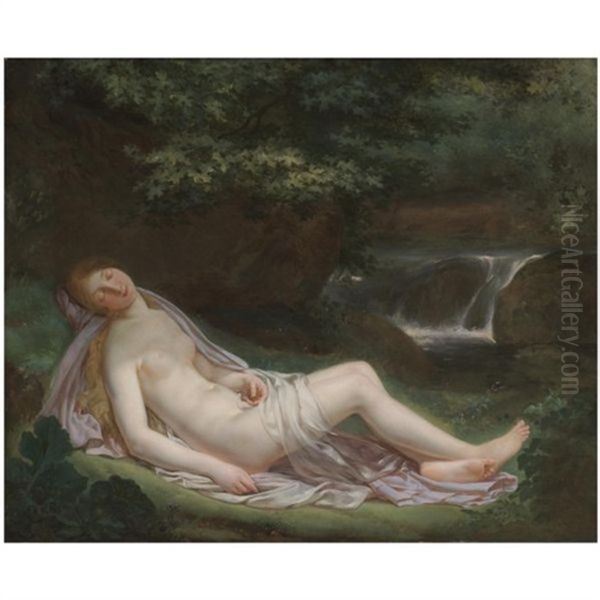 A Landscape With A Nude Female Figure Reclining, A Waterfall Beyond Oil Painting by Antoine Jean Joseph Ansiaux