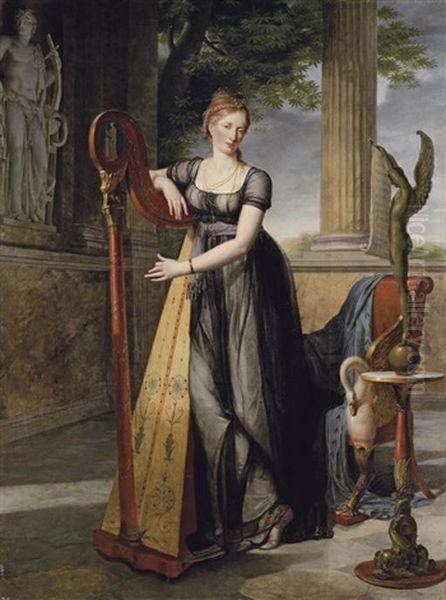 Portrait Of Marie-denise Smits, Nee Gandolphe In A Black Dress, Playing A Harp In An Interior Oil Painting by Antoine Jean Joseph Ansiaux