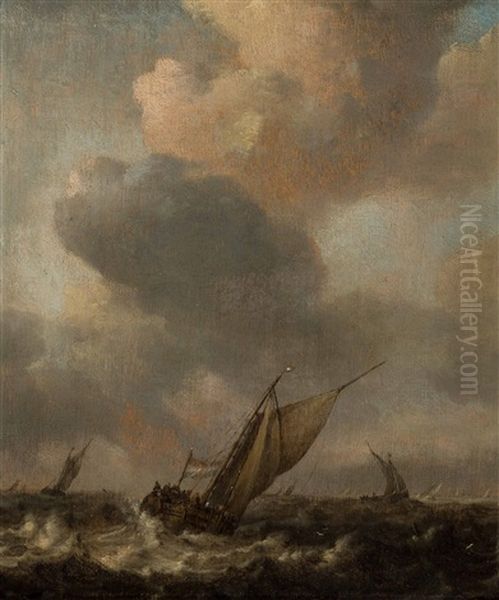 A Tjalk In A Stiff Breeze by Arnoldus van Anthonissen