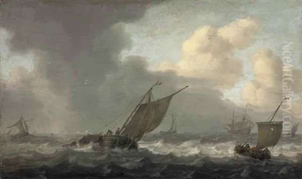 A Smalschip And Other Shipping In A Squall, A Warship Beyond Oil Painting by Arnoldus van Anthonissen