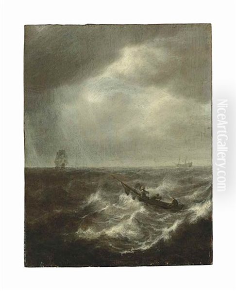 A Seascape With Figures In A Boat In Stormy Waters, Two Men-of-war Beyond Oil Painting by Arnoldus van Anthonissen