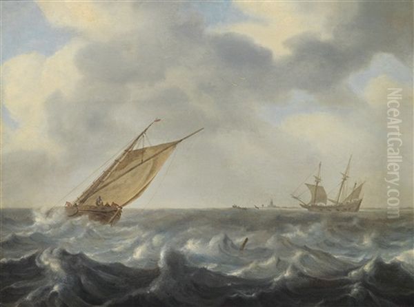 Ein Fischkutter Und Ein Zweimaster Auf Bewegter See In Kustennahe Oil Painting by Arnoldus van Anthonissen