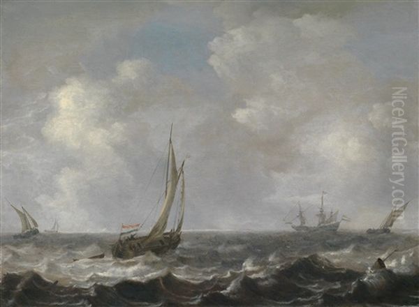 Schiffe Auf Bewegter See, Im Hintergrund Eine Fregatte Oil Painting by Arnoldus van Anthonissen