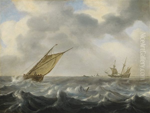 Fisherboat On Stormy Sea Oil Painting by Arnoldus van Anthonissen