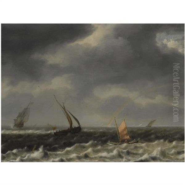 A Seascape With Dutch Shipping Vessels In Choppy Seas And A Rainbow In The Distance Oil Painting by Arnoldus van Anthonissen