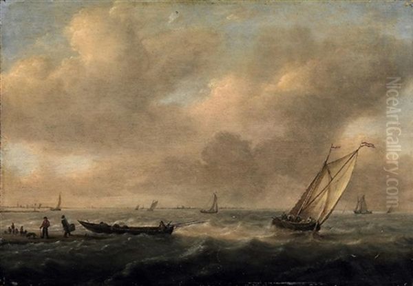 Sturmische See. Zahlreiche Segelboote Vor Der Hollandischen Kuste, Im Vordergrund Fischer, Ein Ruderboot Beladend Oil Painting by Arnoldus van Anthonissen