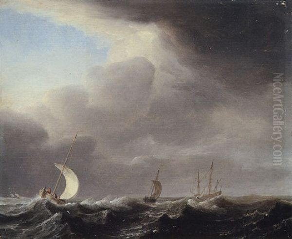 Fishing Pinks Running In Line Before A Stiff Breeze Towards A Distant Man O'war At Anchor Oil Painting by Arnoldus van Anthonissen