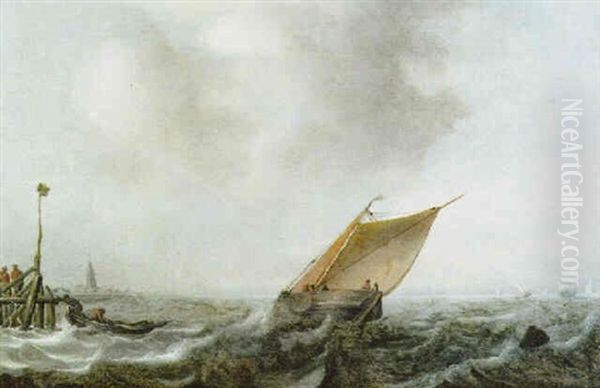 Ein Segelboot Auf Bewegter See Vor Der Kueste Oil Painting by Arnoldus van Anthonissen