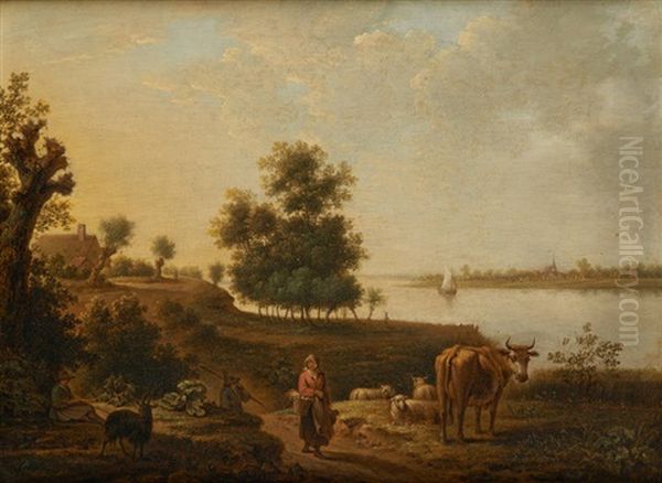 Marcheurs Au Bord Du Cours D'eau Oil Painting by Hendrick Joseph Anthonissen