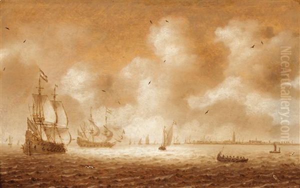 Ships In Coastal Waters, With Amsterdam In The Background, Oil Painting by Hendrick Van Anthonissen