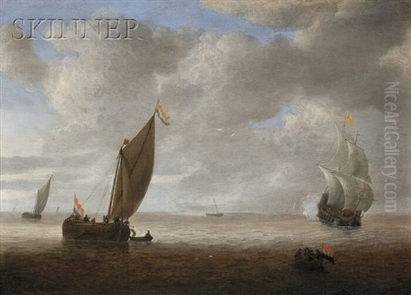 Dutch Coastal Vessels In A Light Breeze, A Man Of War Firing A Salute Beyond Oil Painting by Hendrick Van Anthonissen