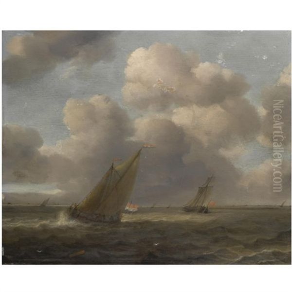 A Seascape With Small Dutch Vessels In A Stiff Breeze Oil Painting by Hendrick Van Anthonissen