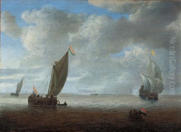 Dutch Coastal Vessels In A Light Breeze, A Man Of War Firing A Salute Beyond Oil Painting by Hendrick Van Anthonissen