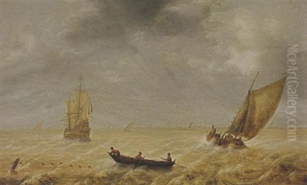 Fishermen In A Rowing Boat And Sailing Vessels In A Choppy Sea, A City In The Distance Oil Painting by Hendrick Van Anthonissen