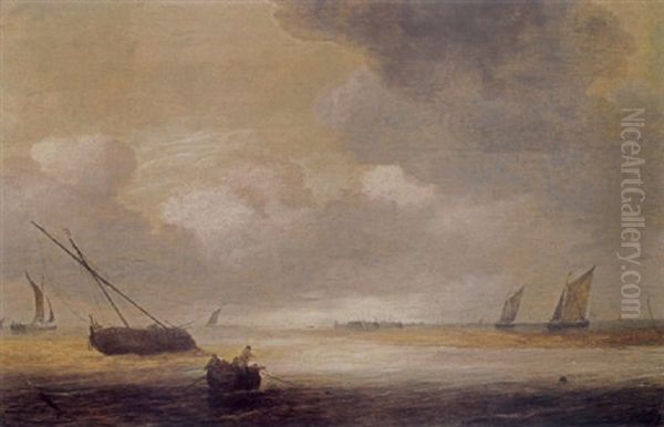 Shipping In A Calm With A Fishing Boat In The Foreground, And A Fortified Harbour In The Background Oil Painting by Hendrick Van Anthonissen