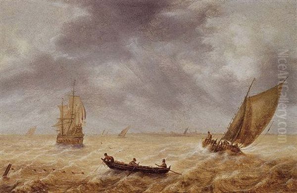 Fishermen In A Rowboat And Other Sailing Vessels In A Choppy Sea, A City In The Distance Oil Painting by Hendrick Van Anthonissen