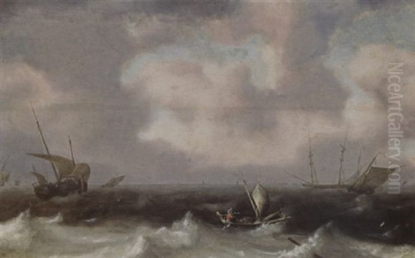 Fishing Boats In Stormy Seas, A Distant View Of A Town Oil Painting by Hendrick Van Anthonissen