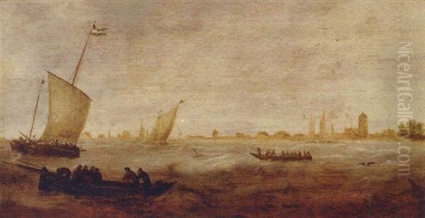 Sailors In A Rowing Boat With Smalschips Off A Coastline Oil Painting by Hendrick Van Anthonissen