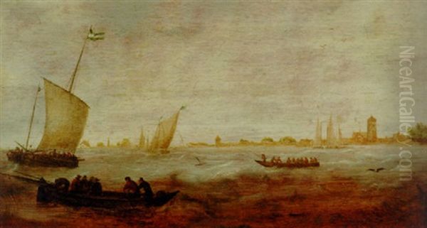 Figures In A Rowing Boat With Smalschips Off A Coastline Oil Painting by Hendrick Van Anthonissen